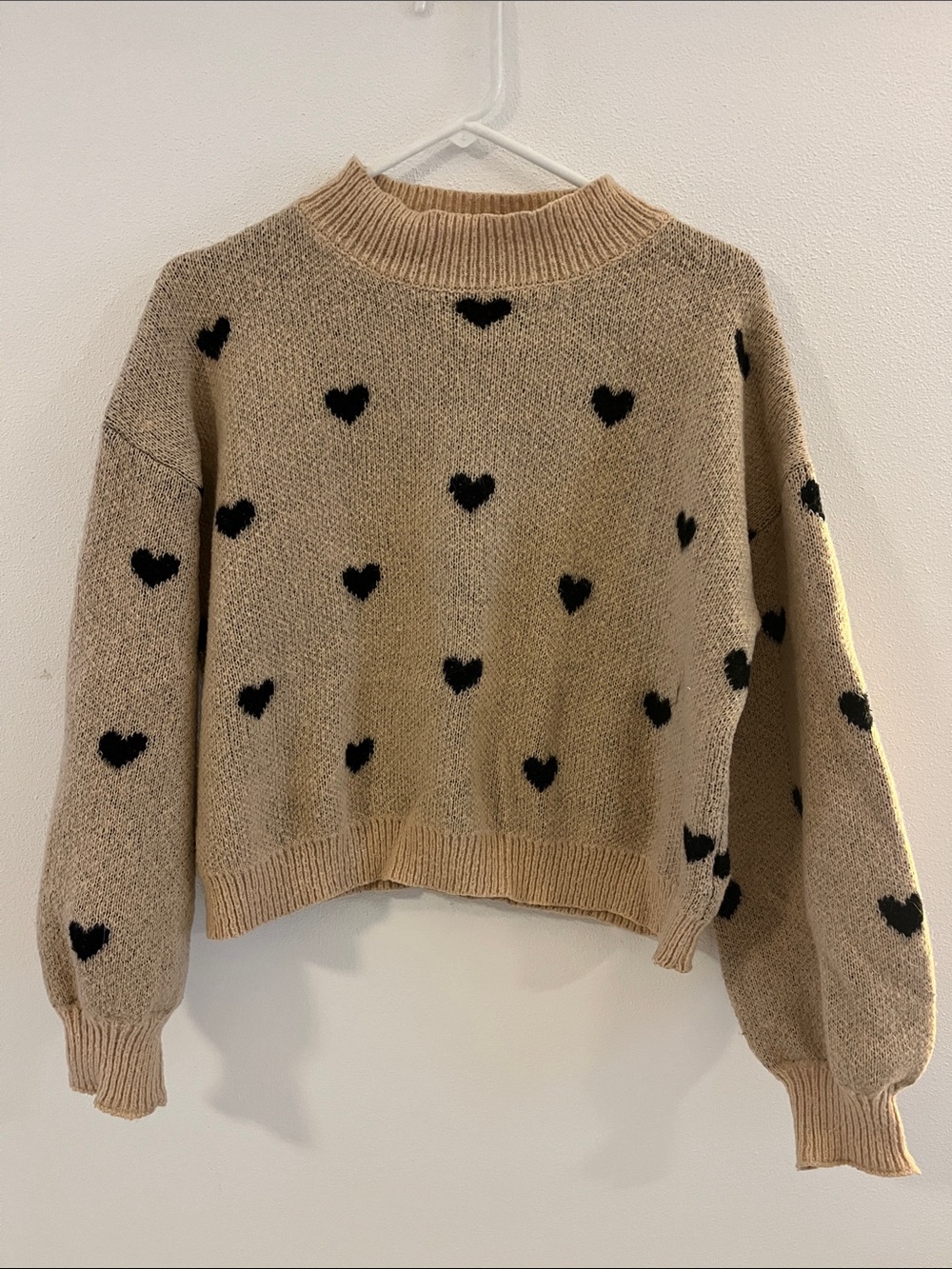 Beige Heart Pattern Crewneck Sweater